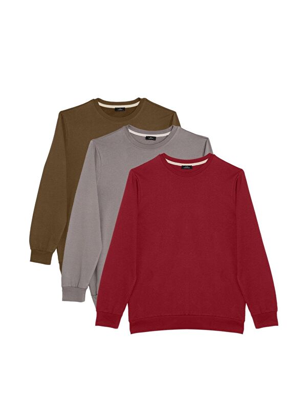 TUDORS Unisex 3'Lü Paket Bordo-Gri-Yeşil Relax Fit Pamuklu 3 İplik İçi Polarlı Bisiklet Yaka Sweatshirt