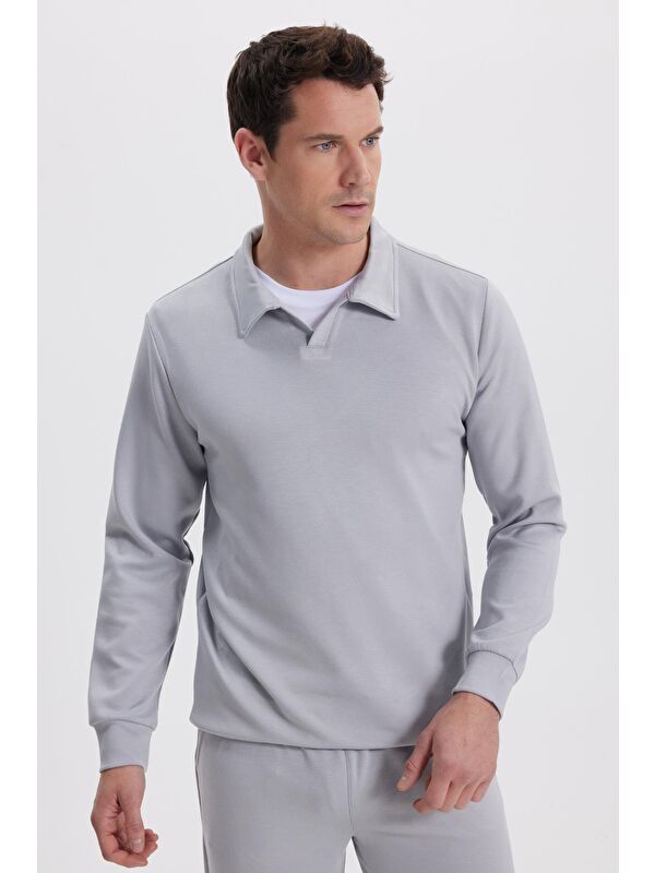TUDORS Erkek Relax Fit Rahat Kesim Polo V Yaka Gri Sweatshirt