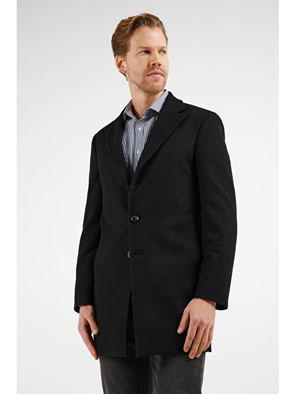 İMZA Siyah Mono Yaka Esnek Slim Fit Classic Kaşe Palto 1005255101