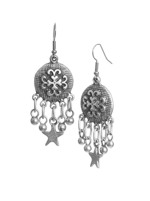 Labalaba Kadın Antik Gümüş Kaplama Top Boncuk &Yıldız Charm Detaylı Sallantılı Model Küpe