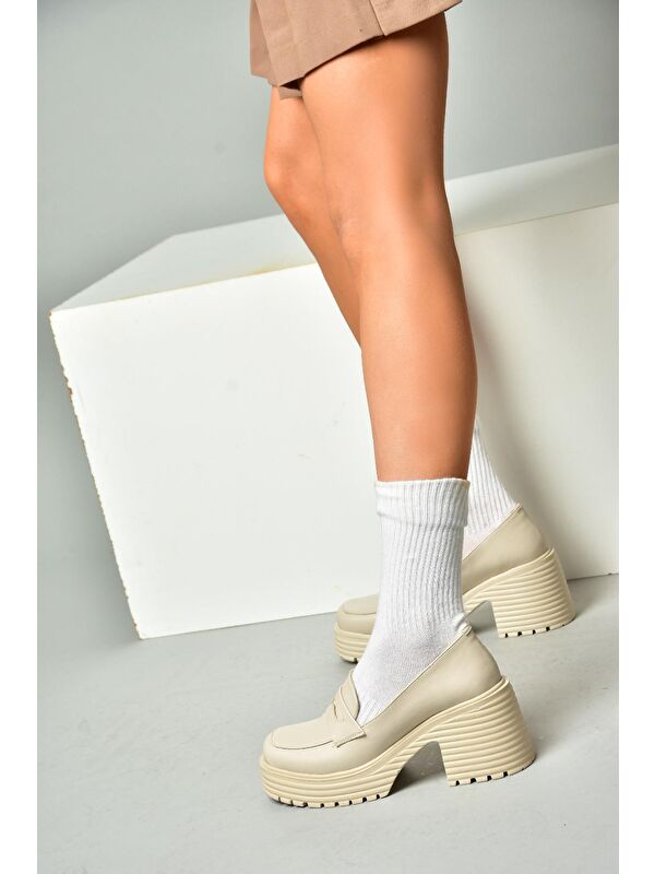 R9960520 Bej Kadın Topuklu Loafer Ayakkabı - Görsel 4