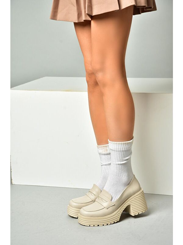 R9960520 Bej Kadın Topuklu Loafer Ayakkabı - Görsel 5