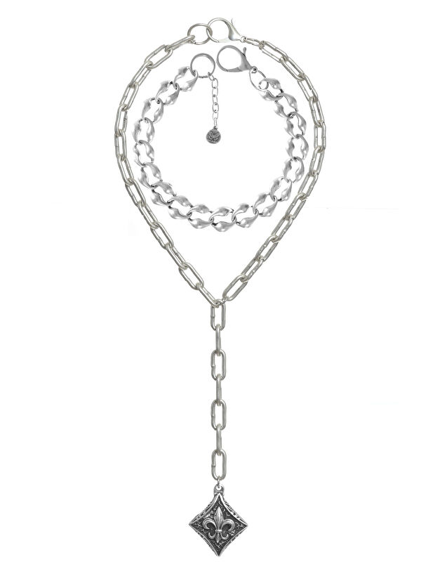 Labalaba Kadın Antik Gümüş Kaplama 2' li Fleur de Lys Uçlu Kolye& Choker