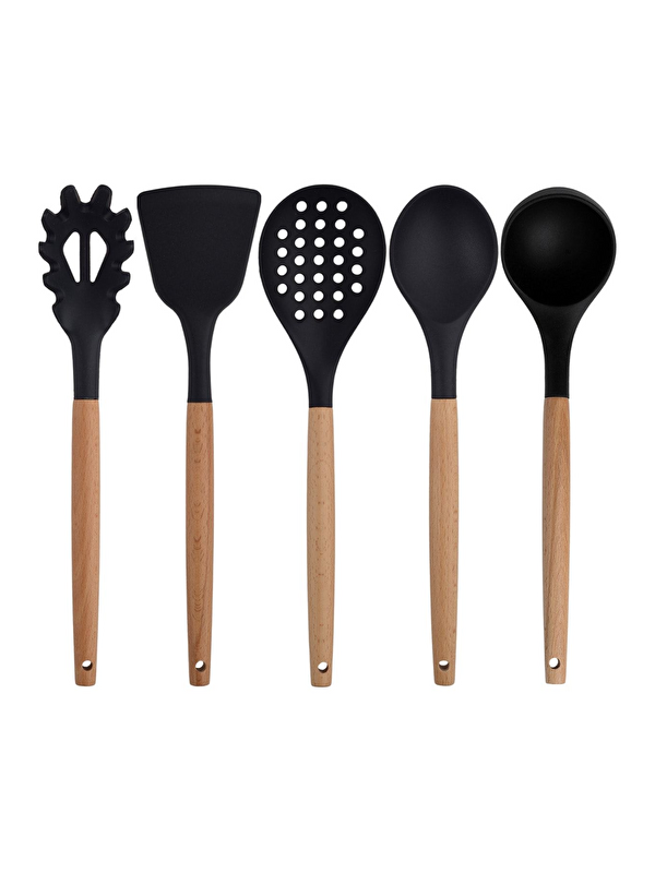 Kitchen Design Lab Siyah Bambu Silikon - Kepçe Kaşık Kevgir Makarna 2 Spatula Silikon Metal Maşa Çırpıcı 9 Adet