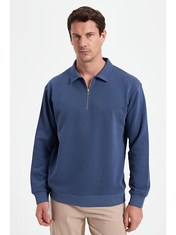 TUDORS Erkek Relax Fit Rahat Kesim Pamuklu 3 İplik Fermuarlı Polo Yaka Koyu Mavi Sweatshirt