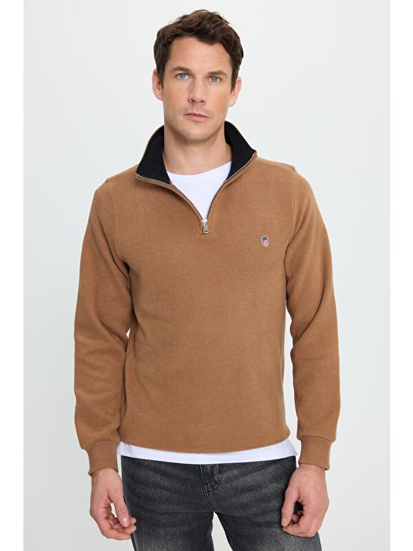 TUDORS Erkek Slim Fit Dar Kesim Pamuklu Selanik Kumaş Dik Yaka Kiremit Sweatshirt