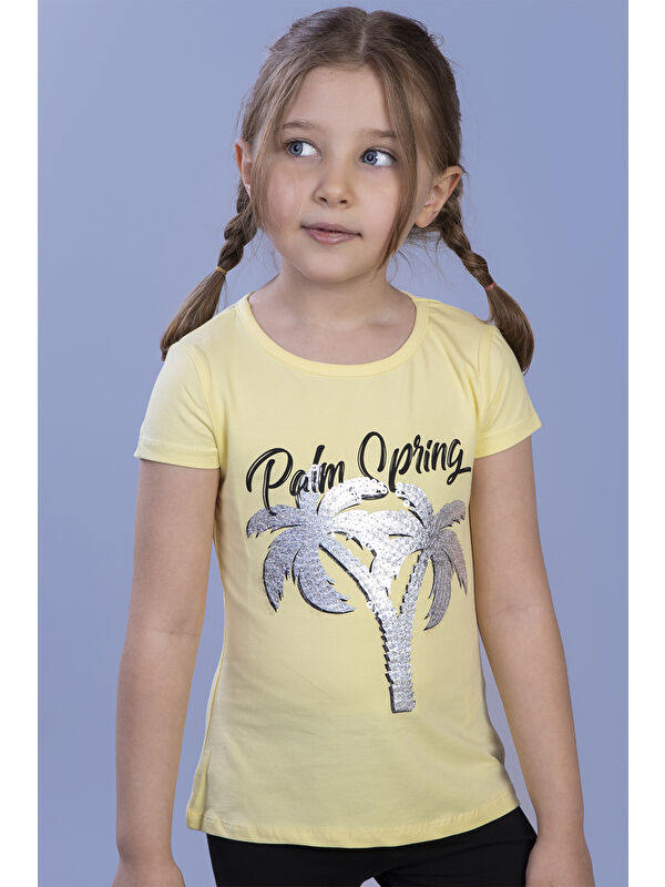 Toontoykids Kız Çocuk Pullu Palmiye Nakışlı Tişört