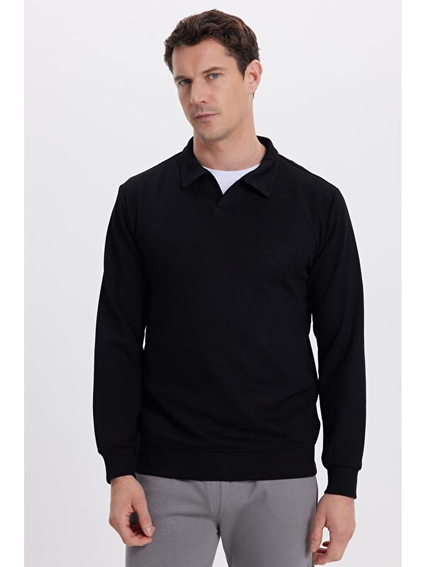 TUDORS Erkek Relax Fit Rahat Kesim Polo V Yaka Siyah Sweatshirt