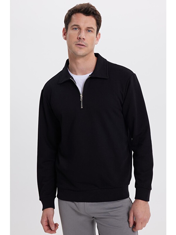 TUDORS Erkek Relax Fit Rahat Kesim Pamuklu 3 İplik Fermuarlı Polo Yaka Siyah Sweatshirt