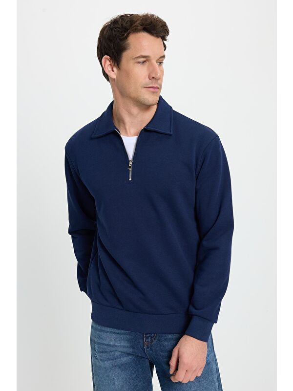 TUDORS Erkek Relax Fit Rahat Kesim Pamuklu 3 İplik Fermuarlı Polo Yaka Lacivert Sweatshirt