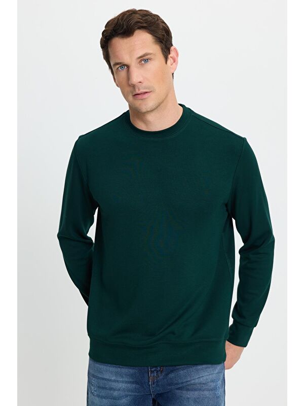 TUDORS Erkek Standart Fit Normal Kesim Uzun Kollu Ekstra Soft Modal Kumaş Bisiklet Yaka Yeşil Sweatshirt