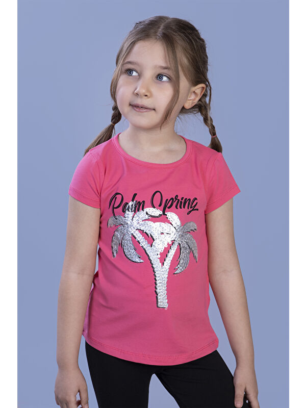 Toontoykids Kız Çocuk Pullu Palmiye Nakışlı Tişört