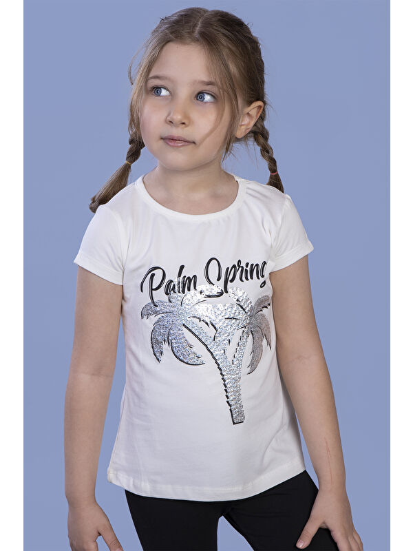 Toontoykids Kız Çocuk Pullu Palmiye Nakışlı Tişört