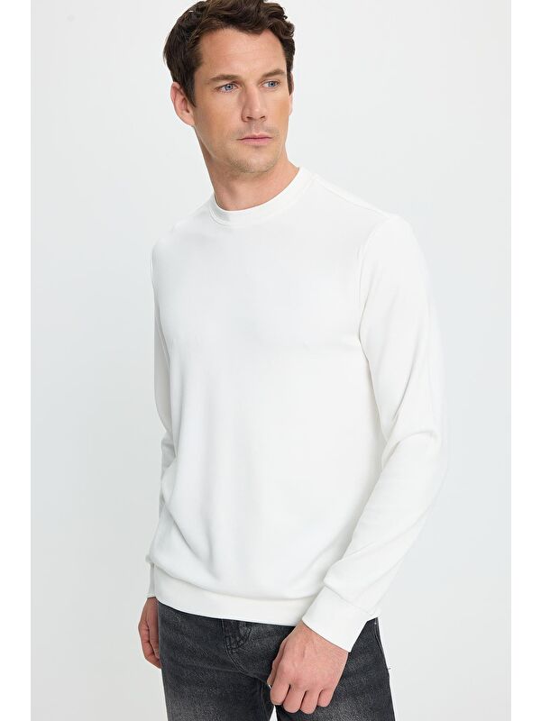 TUDORS Erkek Standart Fit Normal Kesim Uzun Kollu Ekstra Soft Modal Kumaş Bisiklet Yaka Ekru Sweatshirt