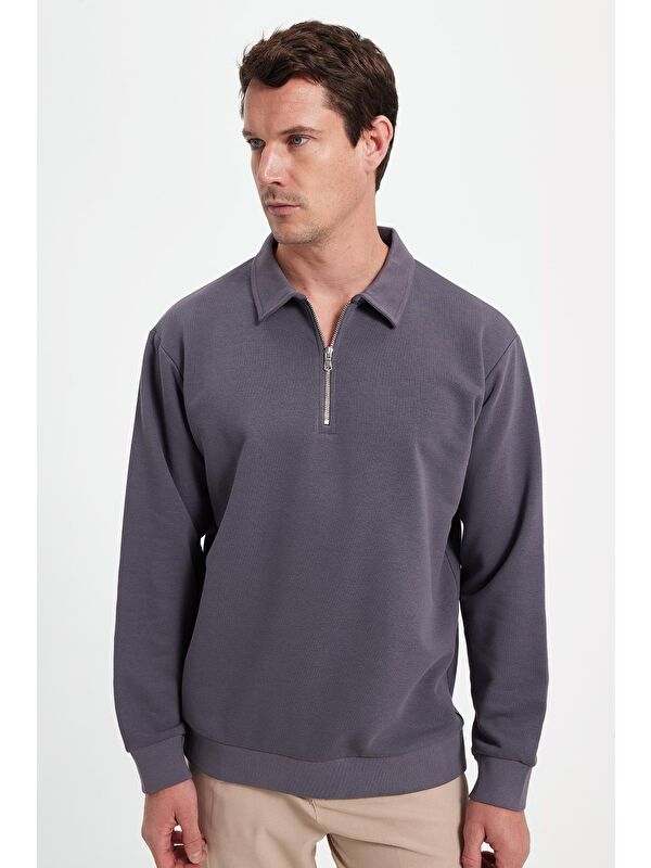 TUDORS Erkek Relax Fit Rahat Kesim Pamuklu 3 İplik Fermuarlı Polo Yaka Koyu Gri Sweatshirt