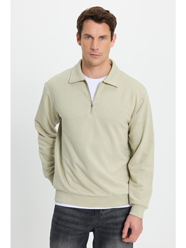 TUDORS Erkek Relax Fit Rahat Kesim Pamuklu 3 Iplik Fermuarlı Polo Yaka Bej Sweatshirt