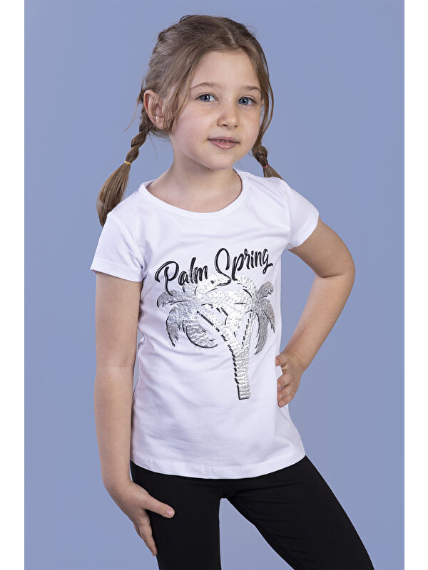 Toontoykids Kız Çocuk Pullu Palmiye Nakışlı Tişört