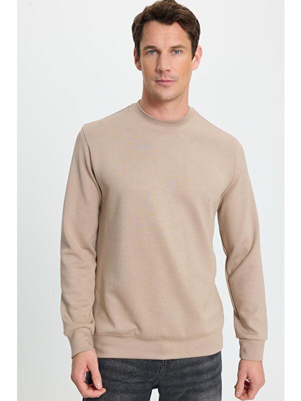TUDORS Erkek Standart Fit Normal Kesim Uzun Kollu Ekstra Soft Modal Kumaş Bisiklet Yaka Vizon Sweatshirt