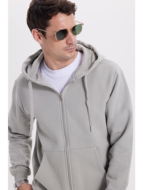 TUDORS Unisex Relax Fit Rahat Kesim Pamuklu İçi Polarlı Çift Cepli Tam Fermuarlı Taş Kapüşonlu Sweatshirt