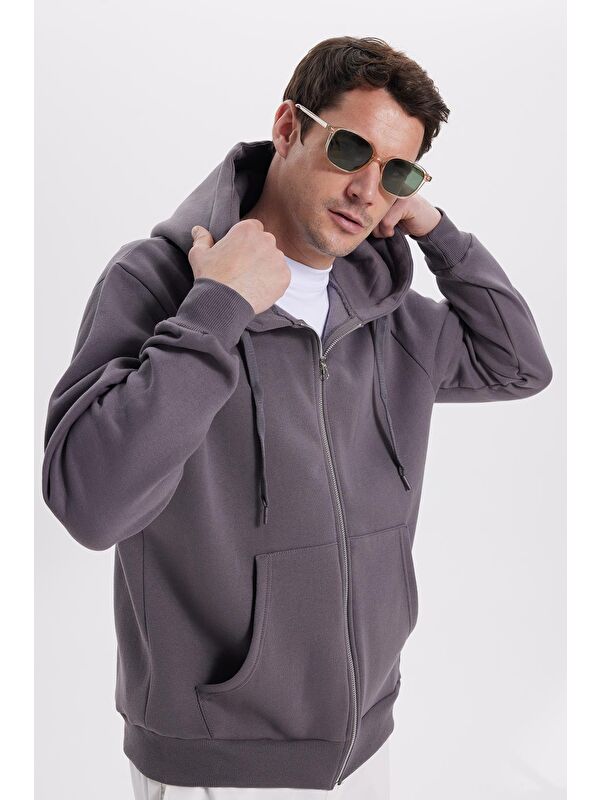 TUDORS Unisex Relax Fit Rahat Kesim Pamuklu İçi Polarlı Çift Cepli Tam Fermuarlı Gri Kapüşonlu Sweatshirt