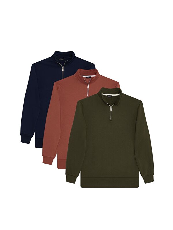 TUDORS Unisex 3'Lü Paket Lacivert-Kahverengi-Yeşil Relax Fit Pamuklu Yarım Fermuarlı Dik Yaka Sweatshirt