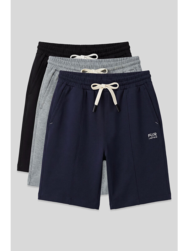 Air Jones Standart Fit Basic 3lü Paket Lacivert-Siyah-Gri Melanj Erkek Şort - 81277