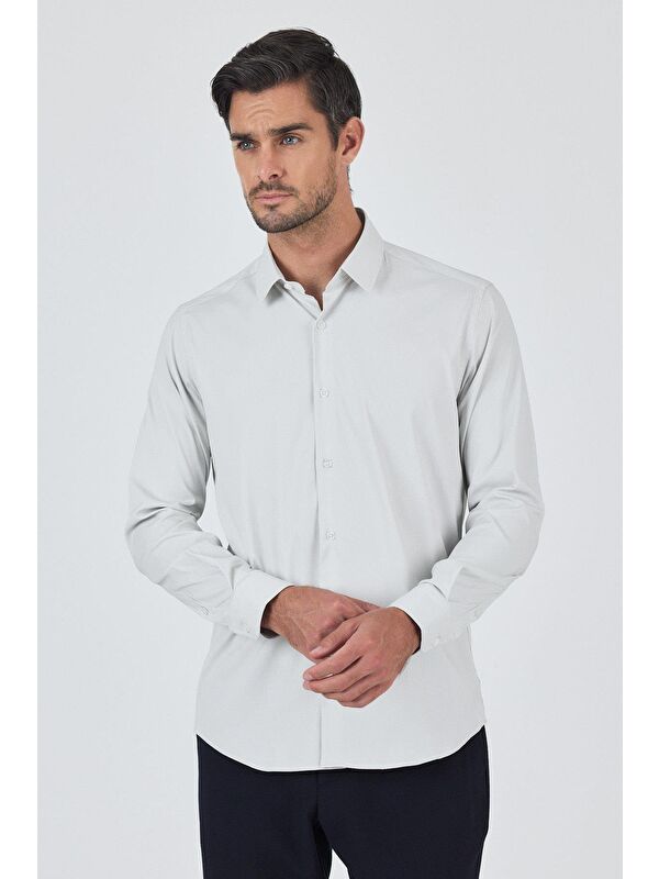 İMZA Beyaz Sert Yaka Cepsiz Gabardin Uzun Kol Slim Fit Esnek Gömlek 1004250229