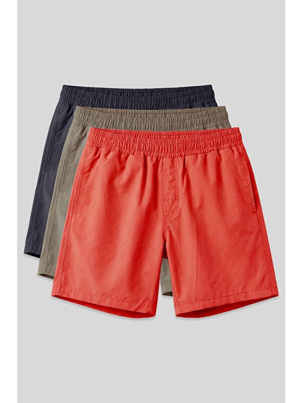 Tommylife Standart Fit Basic 3lü Paket Camel-Antrasit -Oranj Erkek Deniz Şortu - 81237