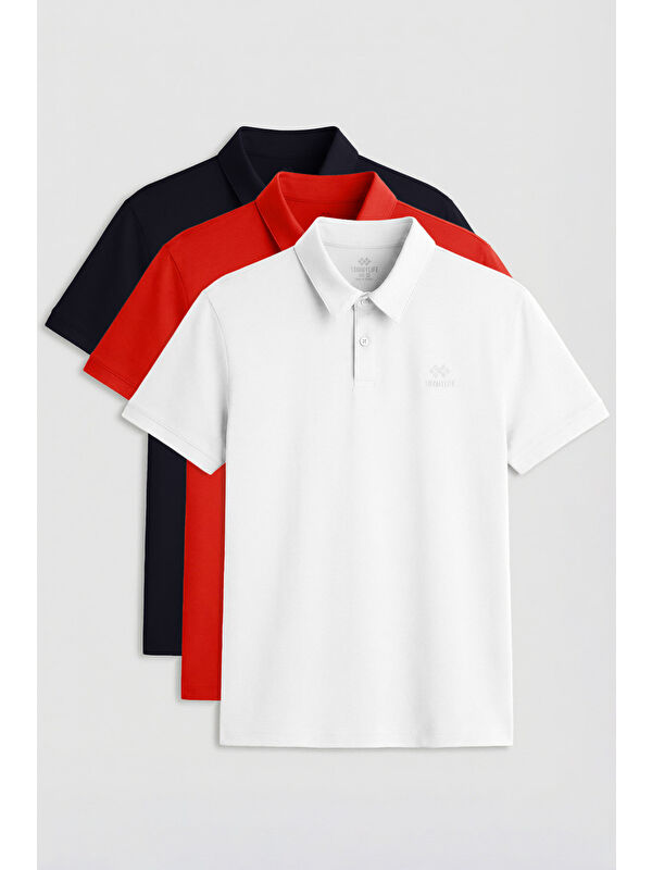 Tommylife Standart Fit Basic Polo Yaka 3lü Paket Beyaz-Lacivert-Kırmızı Erkek T-Shirt - 87748