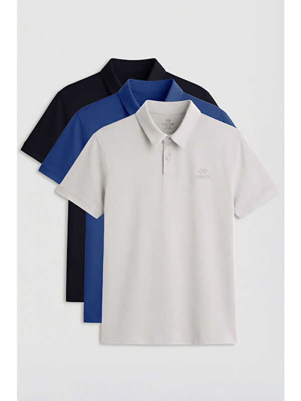 Tommylife Standart Fit Basic Polo Yaka 3lü Paket Lacivert-Taş-Parlament Erkek T-Shirt - 87748