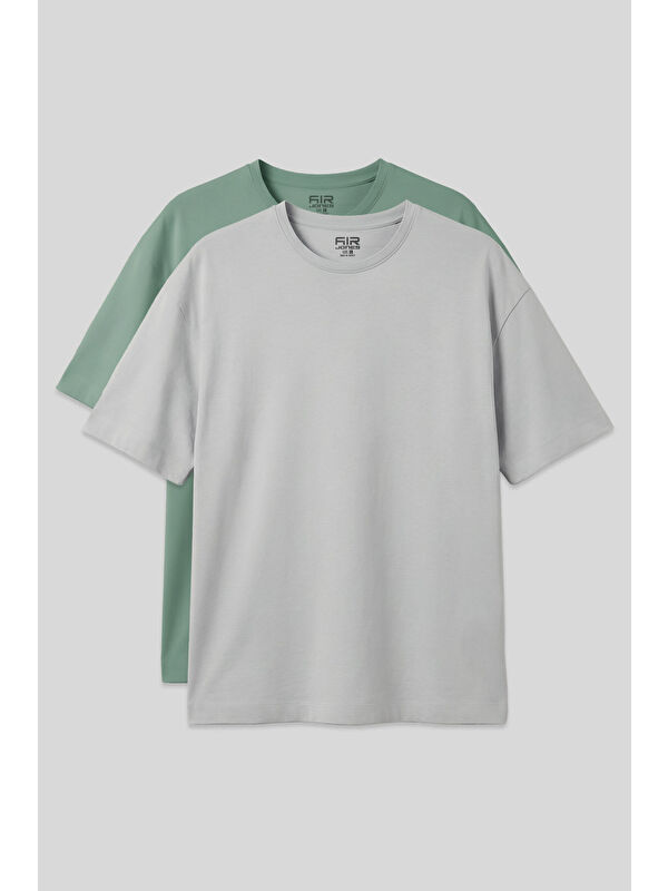 Air Jones Oversize Fit Basic 2li Paket Taş-Açık Yeşil Erkek T-Shirt - 88353
