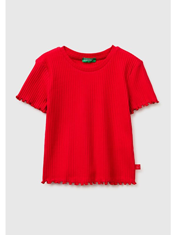 United Colors Of Benetton Kız Çocuk Kırmızı Etek Ucu Fırfırlı Bisiklet Yaka Kısa Kollu T-Shirt
