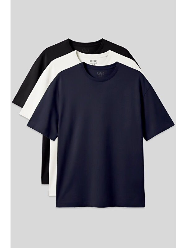 Air Jones Basic Oversize O Yaka 3lü Paket Siyah-Lacivert-Ekru Erkek T-Shirt - 88377