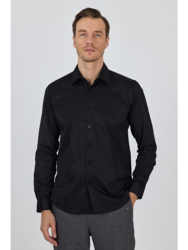 İMZA Siyah Sert Yaka Düz Classic Pamuklu Slim Fit Gömlek 1004250900