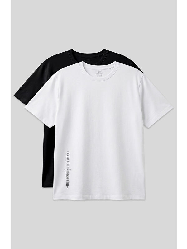 Tommylife Baskılı Rahat Form 2li Paket Siyah-Beyaz Büyük Beden Erkek T-Shirt - 88472