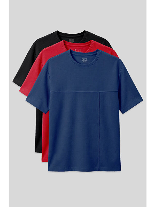 Air Jones Oversize Fit Basic 3lü Paket Siyah-Kırmızı-Parlament Erkek T-Shirt - 88380