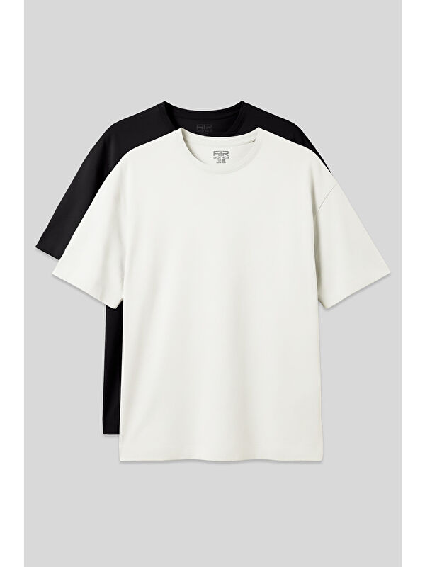 Air Jones Basic Oversize O Yaka 2li Paket Siyah-Ekru Erkek T-Shirt - 88377