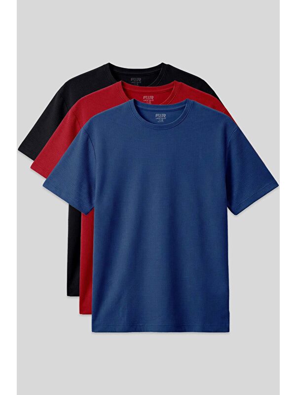Air Jones Oversize Fit Basic 3lü Paket Siyah-Kırmızı-Parlament Erkek T-Shirt - 88379