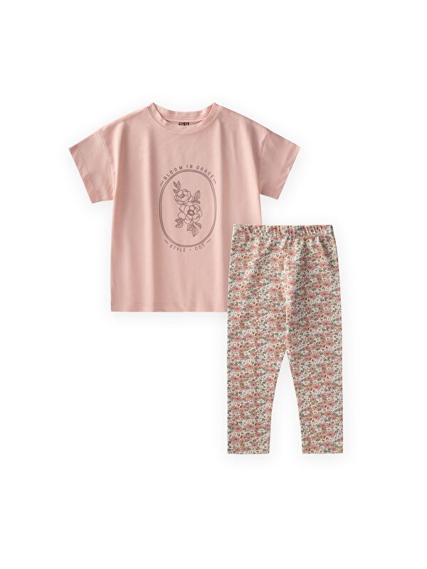 CİGİT Desenli Taytlı T-Shirt Takım 2-10 Yaş Pudra Pembe