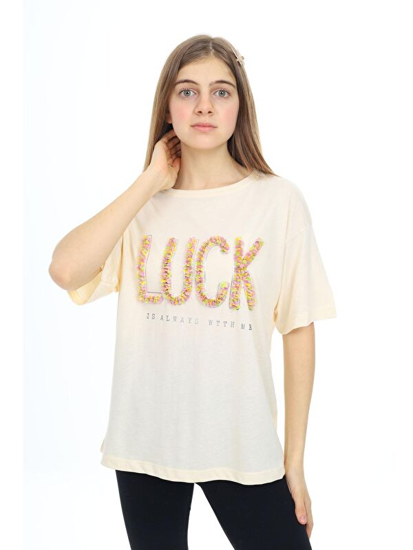 Pengai Krem Luck Yazılı Bisiklet Yaka Kız Tişört 17806