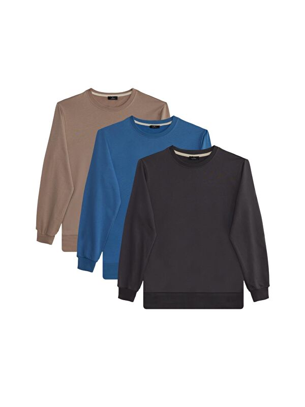 TUDORS Erkek 3'Lü Koyu Gri-Taş-Mavi Relax Fit Rahat Kesim %100 Pamuk 2 İplik Bisiklet Yaka Sweatshirt