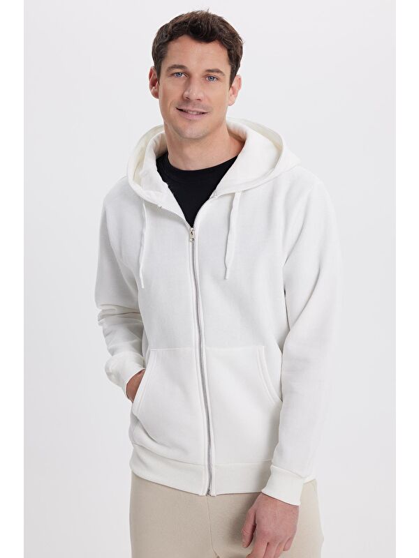 TUDORS Unisex Relax Fit Rahat Kesim Pamuklu İçi Polarlı Çift Cepli Tam Fermuarlı Beyaz Kapüşonlu Sweatshirt