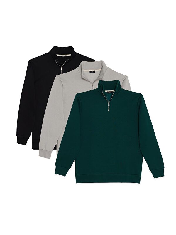 TUDORS Unisex 3'Lü Paket Siyah-Taş-Haki Relax Fit Pamuklu Yarım Fermuarlı Dik Yaka Sweatshirt