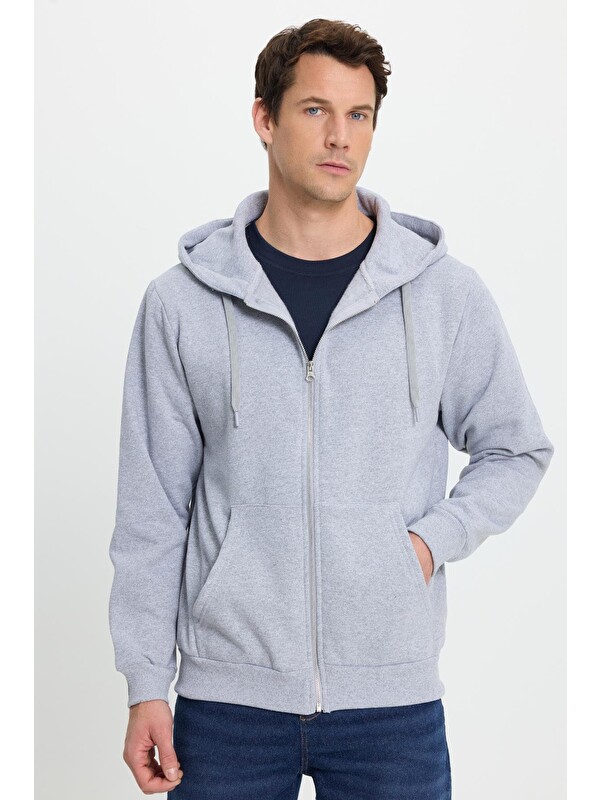 TUDORS Unisex Relax Fit Rahat Kesim Pamuklu İçi Polarlı Çift Cepli Tam Fermuarlı Gri Kapüşonlu Sweatshirt
