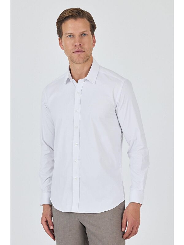 İMZA Uzun Kol Düz Bez Ayağı Sert Yaka Cepsiz Pamuklu Classic Slim Fit Gömlek 1004250195