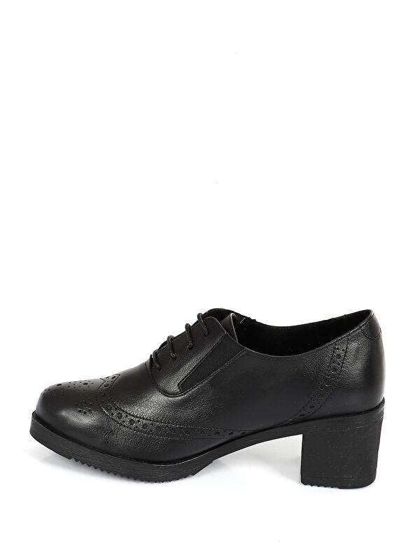 SİYAH Hakiki Deri Yuvarlak Burun Orta Topuklu Kauçuk Taban Bağcıklı Kadın Ayakkabı 24231 - Görsel 7