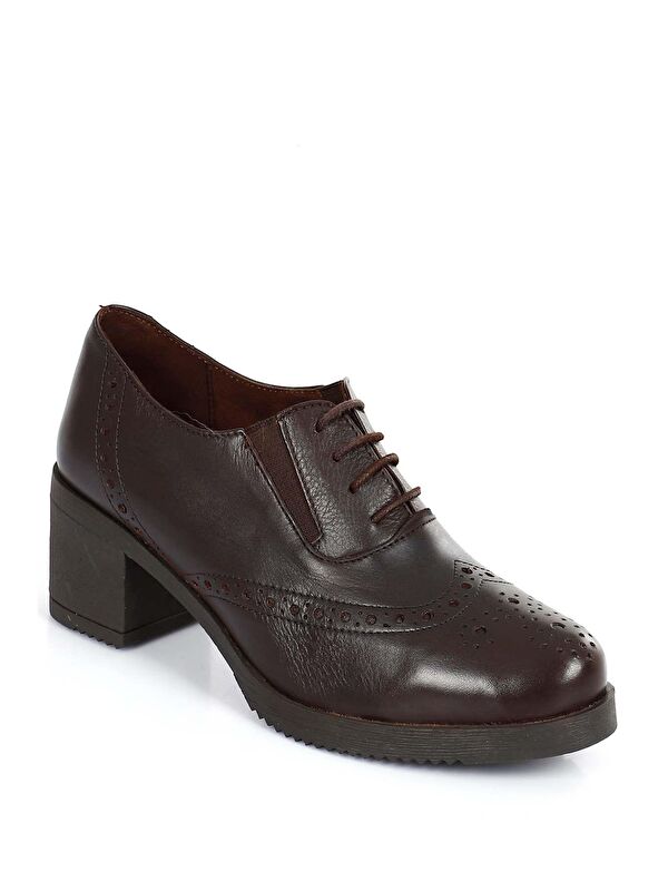 KAHVERENGİ Hakiki Deri Yuvarlak Burun Orta Topuklu Kauçuk Taban Bağcıklı Kadın Ayakkabı 24231 - Görsel 7