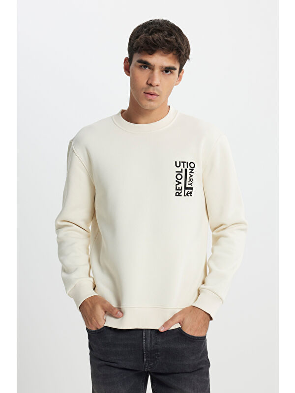 Lee Regular Fit Normal Kesim Bisiklet Yaka İçi Polarlı Ekru Sweatshirt