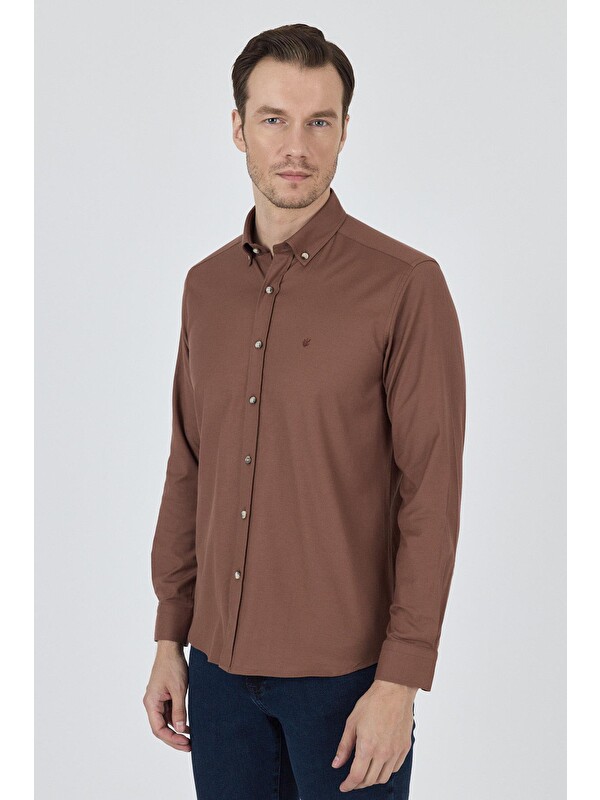 İMZA Uzun Kol Düz Bez Ayağı Düğmeli Yaka Cepsiz Pamuklu Casual Slim Fit Gömlek 1004250212