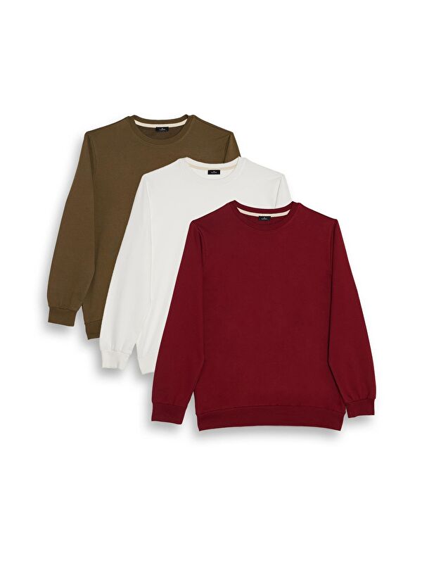 TUDORS Erkek 3'Lü Haki-Beyaz-Bordo Relax Fit Rahat Kesim %100 Pamuk 2 İplik Bisiklet Yaka Sweatshirt